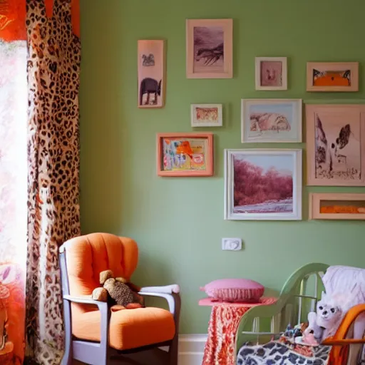 Image similar to interior design baby room, orange and green pastel colours, sunset, safari animals, lion water colours pictures against wall, wood cot and shelves with rocking chair