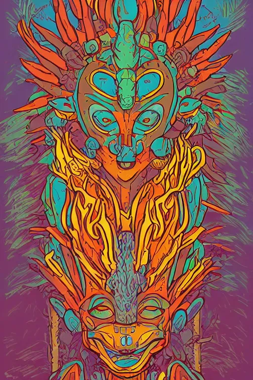 Image similar to animal mask totem roots flower tribal feather gemstone plant wood rock shaman vodoo video game vector cutout illustration vivid multicolor borderlands comics by josan gonzales and dan mumford radiating a glowing aura