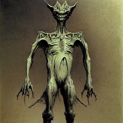 Image similar to goblin concept art, full body, beksinski