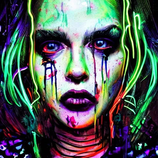 Image similar to splashes of neon, punk portrait made out of paint, trending on artstation, epic composition, emotional, beautiful, rendered in octane, highly detailed, realistic, tim burton comic book art, sharp focus, perfect eyes