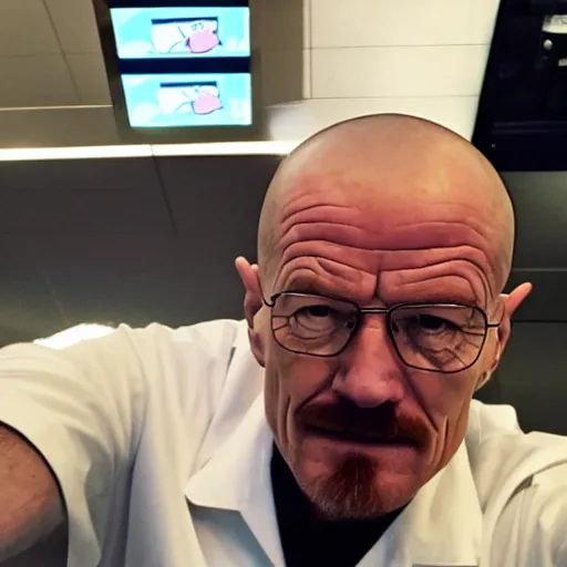 Prompt: Walter White at mcdonalds selfie