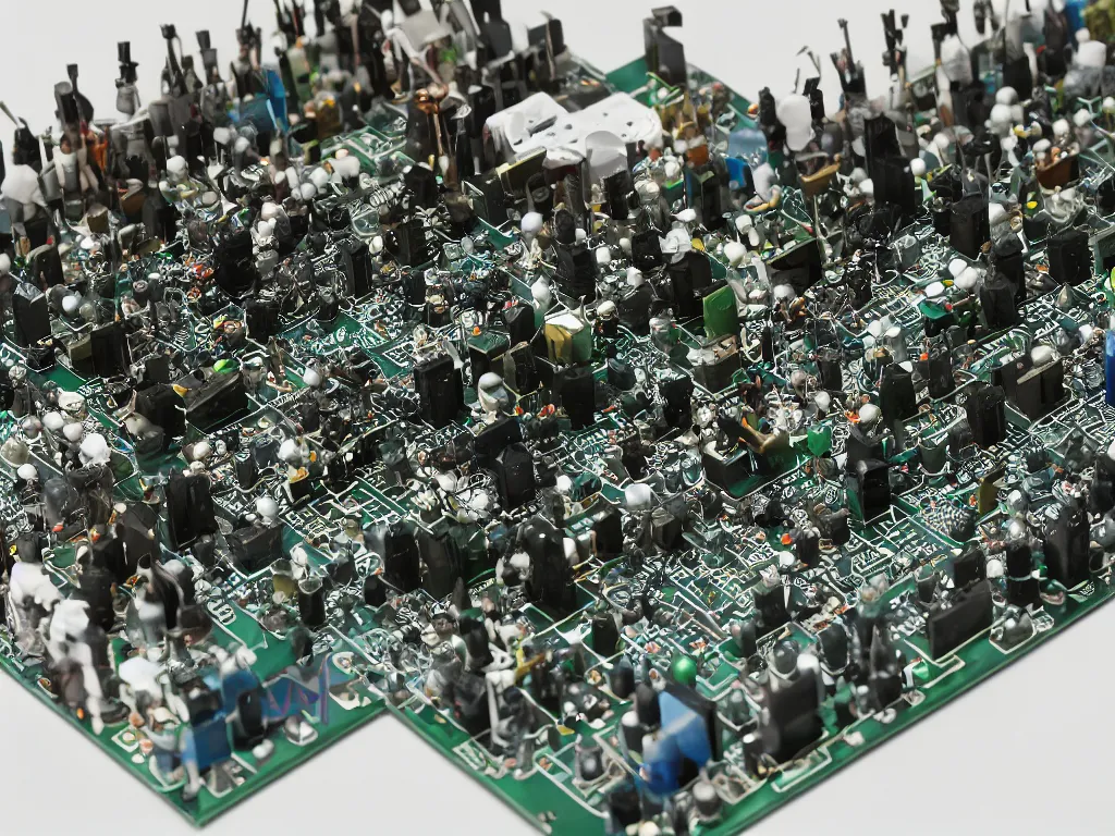 Prompt: transistor army having a melee with resistors on a printed circuit board, studio closeup photo, studio lighting, very detailed, lots of action, sparks flying