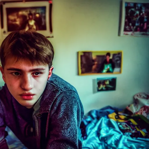 Prompt: masterpiece portrait portrait portrait portrait photo of a photogenic cinegenic russian ukrainian teenager facing camera, chaotic teenage bedroom, bokeh, photojournalism, emotional picture, high fidelity face, volumetric lighting, sunny day, heat haze, perfect framing, smoke, dramatic lighting, dust particles, interior shot, f2, anamorphic lens, great photographers, best photos of all times, 2004, fujifilm, Nikon, Canon, Hasselblad, VOIGTLÄNDER lens, Visa pour l'image, by Annie Leibovitz, by Steve McCurry