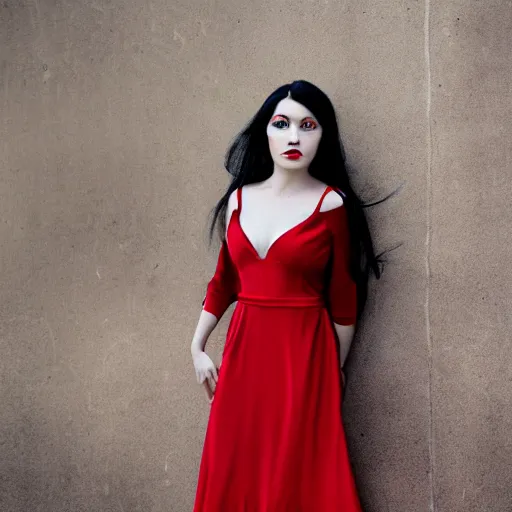 Prompt: portrait of a woman with long black hair and red eyes, wearing a red dress, 8k, photography, professional, detailed face, beautiful, cinematic lighting, film, high quality, depth of field, dark colors,