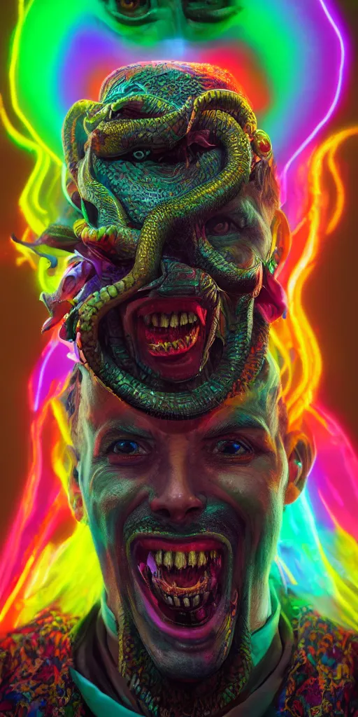 Image similar to impossibly beautiful portrait, dapper dream demon, snake man, wings, bad trip, insane smile, intricate complexity, surreal horror, inverted neon rainbow drip paint, trending on art station, photoreal, 8 k, octane render by greg rutkowski