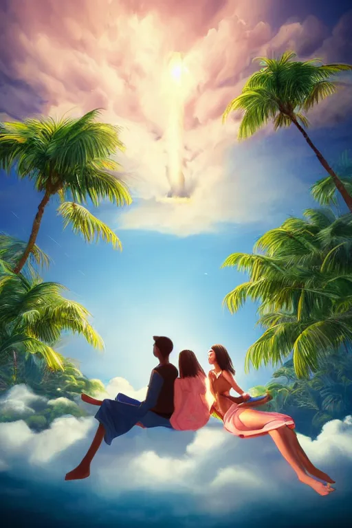 Image similar to conceptual art of one loving couple sitting on a cloud with palms, high in the sky above a paradisiac ocean, mattepainting concept pixar maya engine on stylized background global illumination lighting artstation