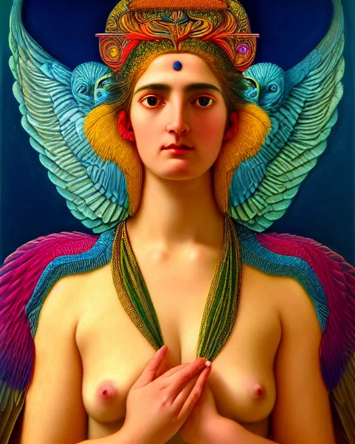 Image similar to portrait of the beautiful young goddess of birds, unusual beauty, etheric, outworldly colours, emotionally evoking symbolic metaphors, head in focus, fantasy, ornamental, intricate, elegant, highly detailed painting style photo, artstation, concept art, painterly, golden ratio, sharp focus, illustration, art by john william godward and leonora carrington,