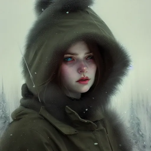 Image similar to young angry woman, beautiful girl, full body, parka, in an igloo, realistic, serov, surikov, vasnetsov, repin, kramskoi, insanely detailed, charlie bowater, tom bagshaw, high resolution, octane rendered, unreal engine, illustration, trending on artstation, masterpiece, 8 k