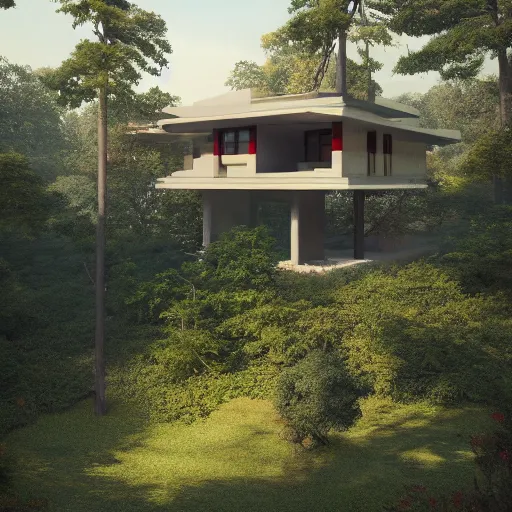 Prompt: modernist house inspired by tibetan palace, built with atrium in the middle, on a hill surrounded by big trees, dramatic lighting, artstation, realistic rendering, unreal engine, octane render, raphael lacoste, simon stalenhag, frank lloyd wright, helicopter view