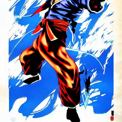 Image similar to shoryuken, dragon punch, kamehameha, hadouken, street fighter, mortal kombat, tournament, hanafuda, evolution, game poster by yoji shinkawa in blue and white