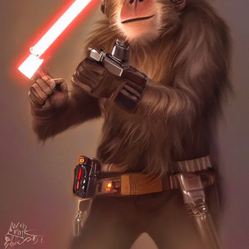 Prompt: monkey dressed like han solo holding his blaster scowling ready for a fight, fantasy concept art trending on art station