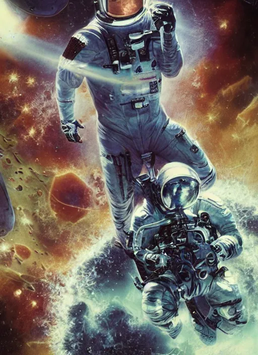 Image similar to astronaut in dark void underwater - complex and hyperdetailed technical suit design. reflection and dispersion materials. rays and dispersion of light. volumetric light. f / 3 2. noise film photo. flash photography. ultra realistic, 5 0 mm. poster by wayne barlowe, hajime sorayama aaron horkey, craig mullins