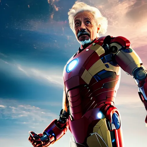 Image similar to albert einstein as tony stark in ironman, cinematic lighting, dramatic, octane render, long lens, shallow depth of field, bokeh, anamorphic lens flare, 8 k, hyper detailed, 3 5 mm film grain