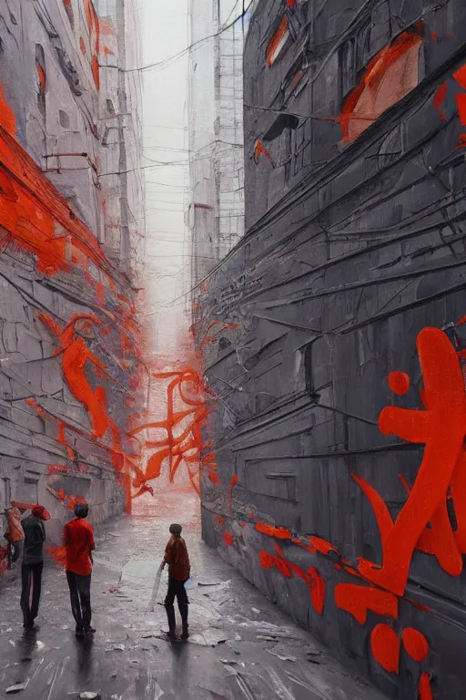 Image similar to Oil painting of people in a city looking at a white building covered with a red and orange 3d graffiti mural with paint dripping down to the floor, intricate, highly detailed, smooth, artstation, painting by moebius and james jean and Artgerm and yoshitaka Amano and Greg Rutkowski and Zdislav Beksinski