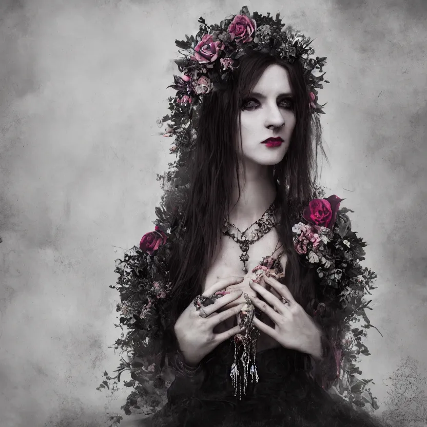 Image similar to A portrait of a Gothic goddess of floral jewels in an empty land, dark and mysterious, lively atmospheric, cinematic, 8k, 4k, ultra detail, ultra-realistic, rendered by DeviantArt