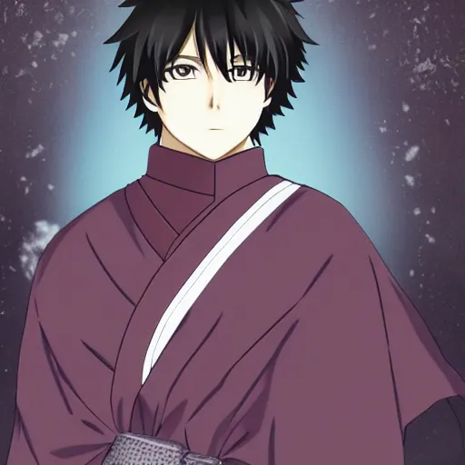 Prompt: a cold handsome young man，Black short hair like a hedgehog, blue eyes, Toushirou Hijikata of Gintama is wearing a kimono,Doujin,Popular on Pixiv