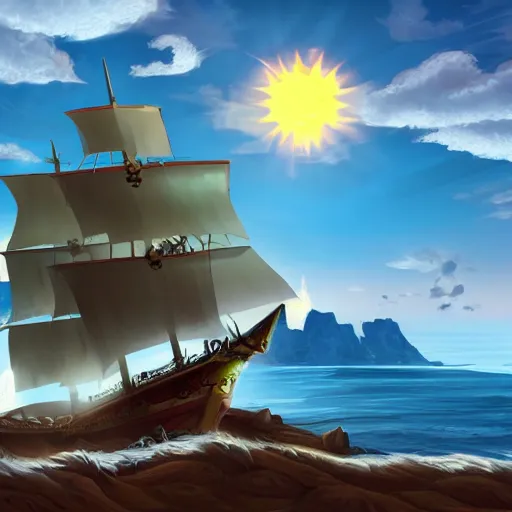 Prompt: a fantasy ship of pirates with a sun as the bow, anime style