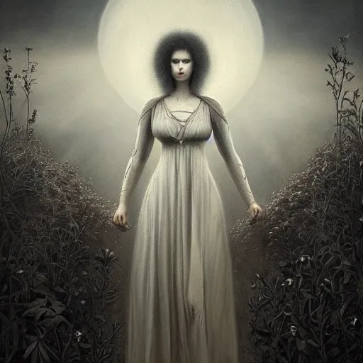 Prompt: By Tom Bagshaw and Giger, ultra realist soft painting of a flower field by night, long dress female, horror, omnious sky, symmetry accurate features, very intricate details, black and white, volumetric light clouds