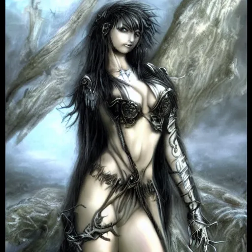 Image similar to nice girl with fantasy outfit in the style of luis royo and boris