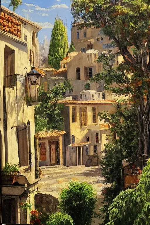 Image similar to painting of view of old European city with mix of middle eastern architecture fusion, greenary trees between houses, photoreal, stunning atmosphere landscape painting by Charles Leickert