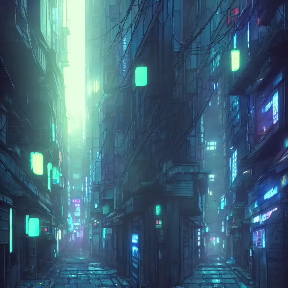 Image similar to city alleyway in the atmospheric cyberpunk anime film, gouache matte background painting, neon noir, at night with lights, by makoto shinkai, in the anime series ergo proxy, beautiful specular edge highlights and rim lighting