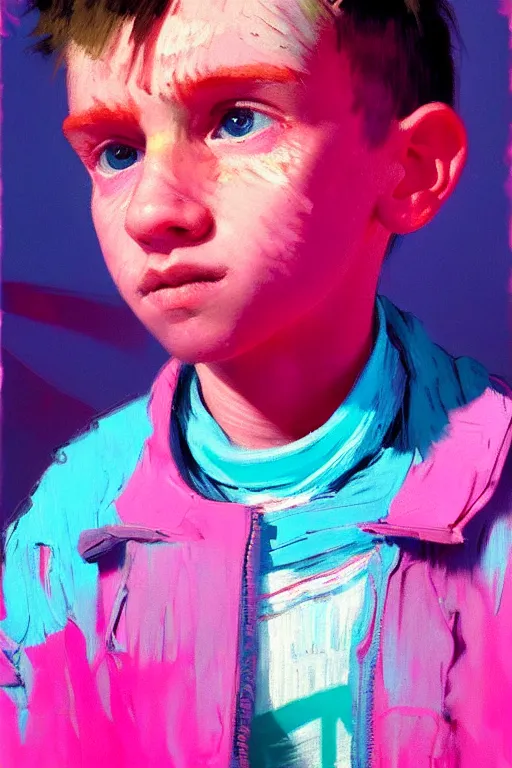 Image similar to portrait of a young boy nor living not death in a postapoliptic forgotten world, in the colors hot pink and cyan, beautiful face, rule of thirds, complex outfit, spotlight, by greg rutkowski, by jeremy mann, by francoise nielly, by van gogh, digital painting