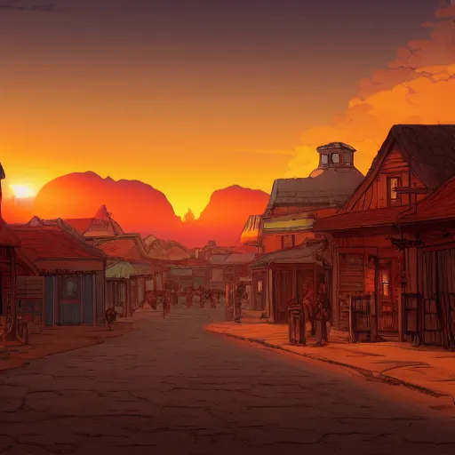 Image similar to a western town at sunset illustration of a picture of a western town at sunset royalty, a digital rendering by Studio Ghibli, shutterstock contest winner, ashcan school, 2d game art, playstation 5 screenshot, matte drawing