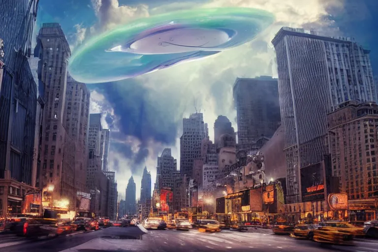 Prompt: matte painting of an giagantic single alien mothership entering the atmosphere through the first cloud layers seen from the streets of downtown new york, pov