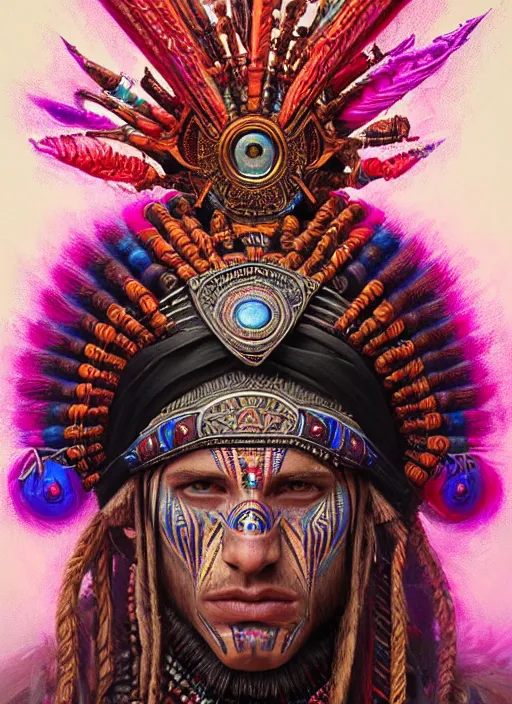 Image similar to portrait of tom ellis, hyper detailed ultra sharp aztec shaman warrior. trending on artstation, warpaint aesthetic, bloodwave, colorful, psychedelic, ornate, intricate, digital painting, concept art, smooth, sharp focus, illustration, art by artgerm and greg rutkowski and h. r. giger, 8 k