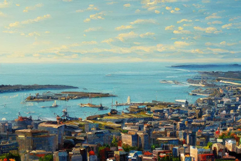 Prompt: beautiful landscape oil painting of portland maine, intricate, hyperrealistic, Close-up, low angle, ultra fine detail, ultra high resolution, fine texture detail, cinematic, 8k, photorealistic, epic, trending on artstation