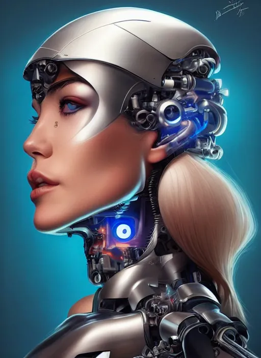 Prompt: portrait of a cyborg woman who turns her head to the ((((((right))))) left+348 (((((up))))) (((((down))))) by Artgerm,eyes closed , biomechanical, hyper detailled, trending on artstation