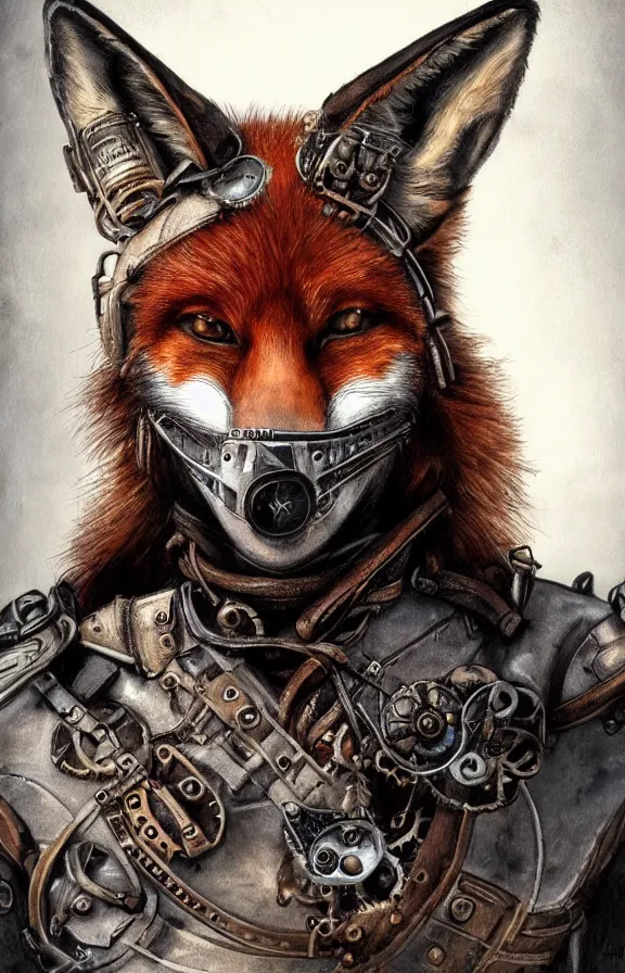 Prompt: realistic detailed portrait of fox warrior, tech warrior, steampunk, post apocalyptic, gritty, art nouveau, victorian, neo - gothic, gothic, character concept design