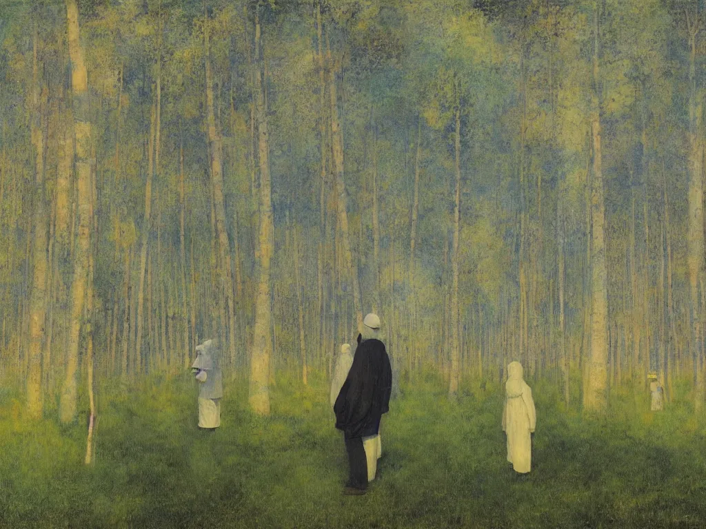 Image similar to man in white beekeeper suit looking at the psychedelics dream mothership over the solitary road lined with giant poplars. painting by mikalojus konstantinas ciurlionis, bosch, wayne barlowe, agnes pelton, rene magritte