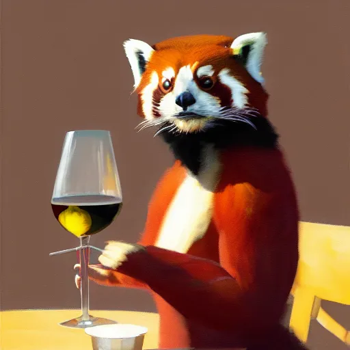 Prompt: greg manchess painting of a red panda character, holding a wine glass while sitting in a restaurant, medium shot, asymmetrical, profile picture, organic painting, sunny day, matte painting, bold shapes, hard edges, street art, trending on artstation, by huang guangjian and gil elvgren and sachin teng,