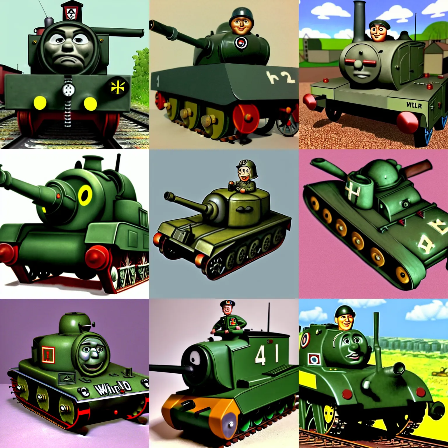 Image similar to an anthropomorphised panzer world war two tank with a face, by wilbert awdry in the art style of thomas the tank engine