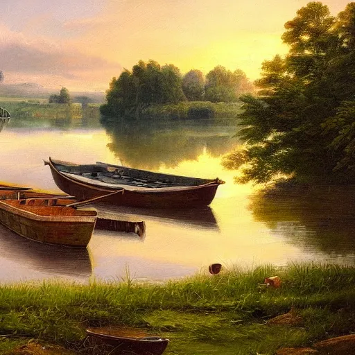 Prompt: a grassy landscape with lakes and boats during dawn, ultra realistic, ultra detailed, beautiful oil painting, top view, wide angle, turbulent water, romantic era painting,