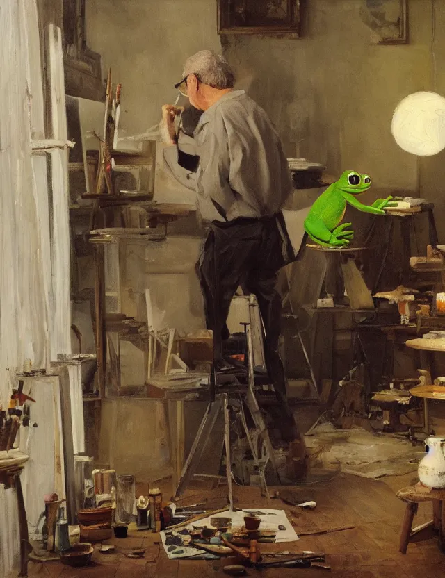 Image similar to the a painter in his studio painting a picture of pepe the frog - key lighting, soft lights, foggy, by steve hanks, by lisa yuskavage, by serov valentin, by tarkovsky, 8 k render, detailed, oil on canvas