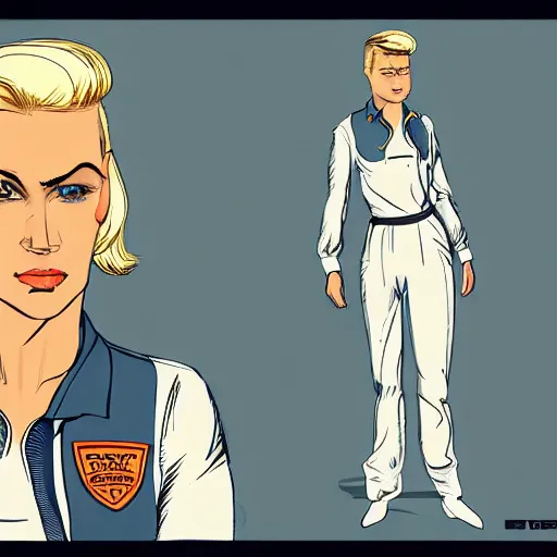 Prompt: heroic stoic emotionless butch blond handsome woman engineer with very short slicked - back butch hair, narrow eyes, wearing atompunk jumpsuit, science fiction, mike mignogna, digital art