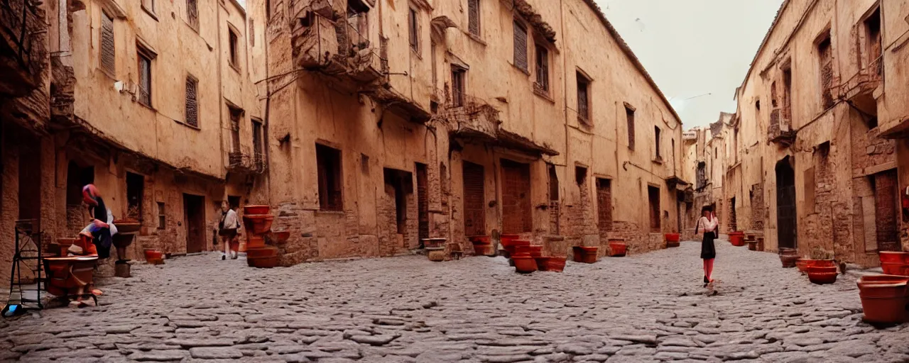 Image similar to featuring spaghetti in ancient roman streets and, sigma 8 0 mm, cinematic lighting, photography, wes anderson, kodachrome