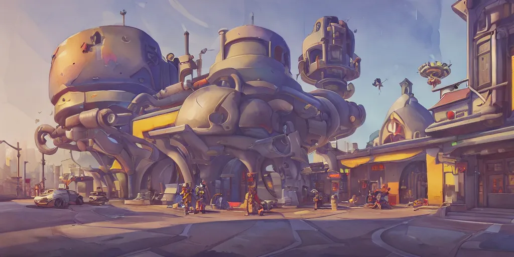 Image similar to overwatch building, stylized, exterior, architecture, in watercolor gouache detailed paintings, insanely detail, artstation, 8 k, futuristic, big medium small, arcane, simon stalenhag, food stall, interesting shapes & form, golden ratio, hard surface, props, lots of decoration and furniture