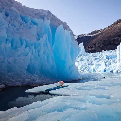 Image similar to a wide angle photograph taken on a kayak of a river with blue skies ahead and very tall blue frozen glaciers on the sides, rowing out of a frozen ice cave
