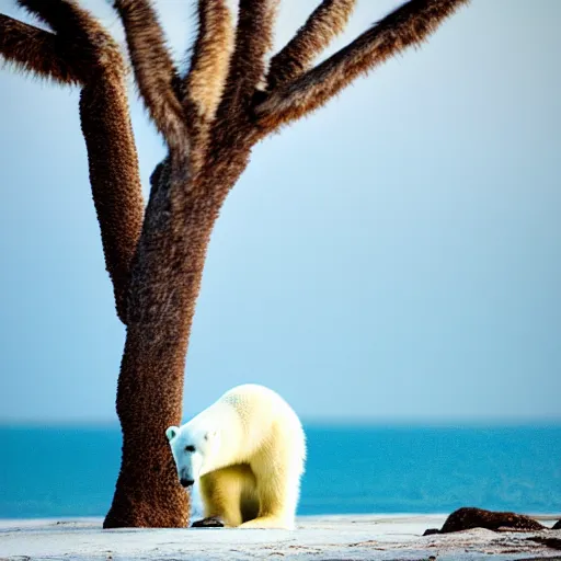 Prompt: a photo of a really skinny polar bear on a tiny pacific island, beautiful desert island with coconut trees, ultra detailed, 50mm f/1.4, national geographic