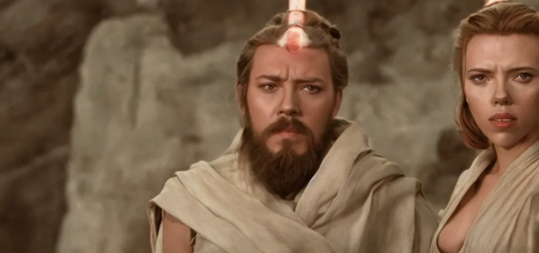 Image similar to a still of Scarlett Johansson as obiwan kenobi on tatooin in Star Wars (1977)