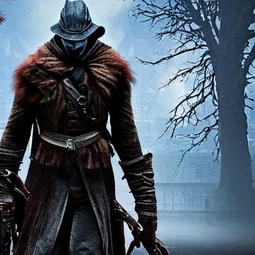 Prompt: a scene of a hunter staring down a beast in the new netflix film adaptation'bloodborne'