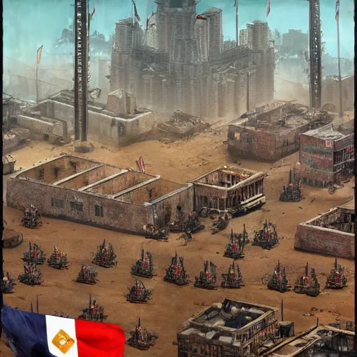 Prompt: (Age of Empires III), colony with checkered flags, rust and brutalist buildings . Propaganda poster, intricate, elegant, highly detailed, digital painting, artstation, concept art, matte, sharp focus, illustration, art by Enki Bilal and Moebius]