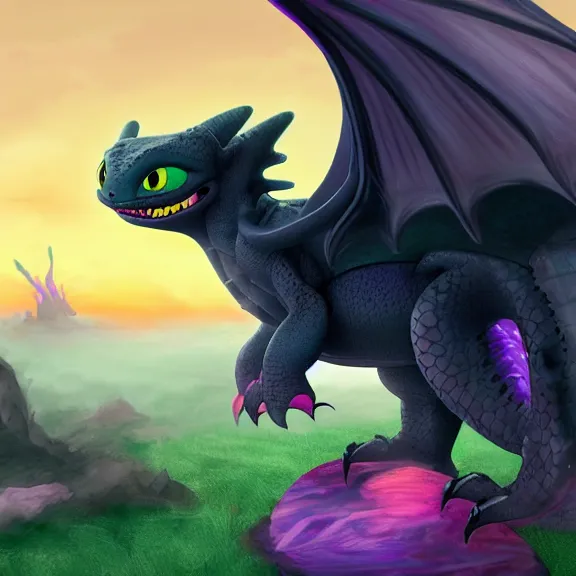 Image similar to High definition quality picture of toothless the dragon from How to Train a Dragon with a pink and purple Sunset Viking art style