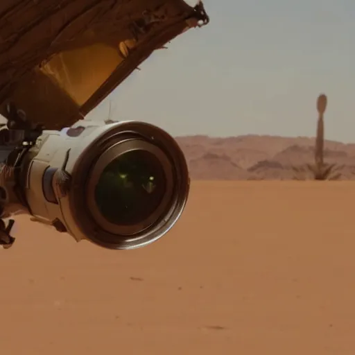 Prompt: a friendly alien in the desert, spaceship in background, arriflex lens