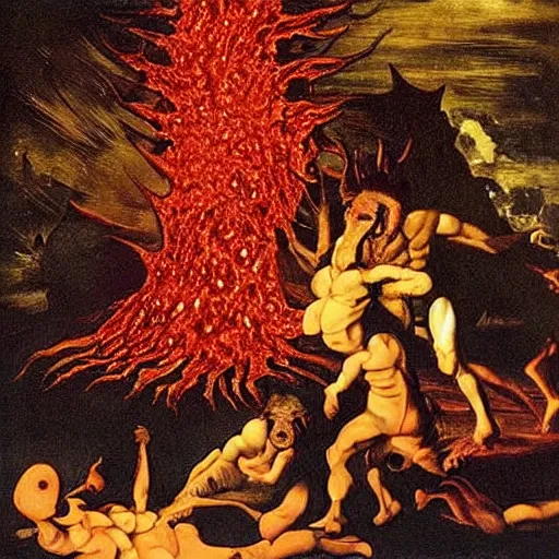 Image similar to nightmarish mutated creatures surrounding magical cursed shimmering lava in an awful hell, by caravaggio