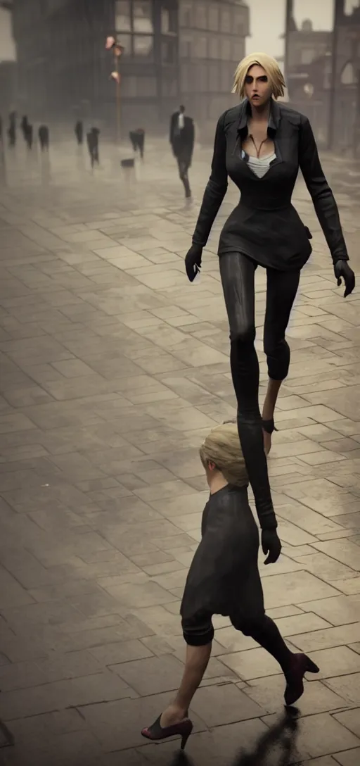 Image similar to beautiful annie leonhart running on high heels with open toe in dunwall city, redshift render, beautiful face, detailed face, cinematic lighting, rainy weather, melancholy atmosphere, volumetric light, octane render, dishonored 1, gothic architecture, realistic reflections, octane render 8 k, model women