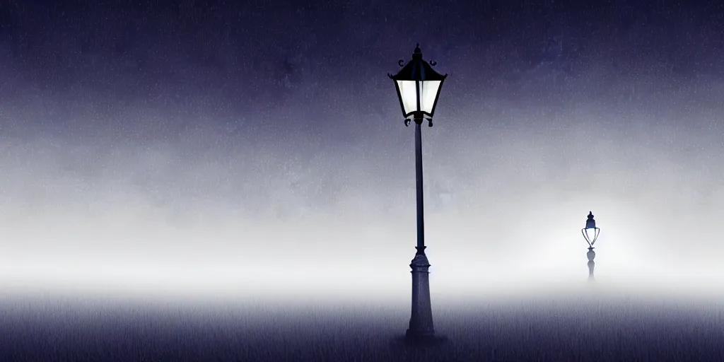 Prompt: curved perspective epic illustration of night city with curly victorian street lamp in a foggy field hilly ground from nightmare before christmas